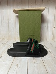 Gucci Embroidered Stripe Logo Canvas Slide Sandals Black Multicolor Sz 31 / 13