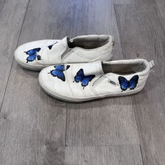 Blue Butterfly White Slip On Vans – Custom Painted Vans Shoes Youth Size 5