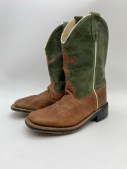 Old West Green / Brown Leather Western Cowboy Boots Youth Size 015 W/ Cross