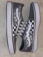 Vans Off The Wall Youth 6 Gray Checkered Flame 500714 Faux Lace Up Skate Shoes