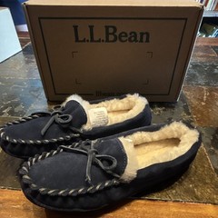 L.L.Bean Shearling Lined Suede Moccasin Slippers kids 2 Mariner Blue