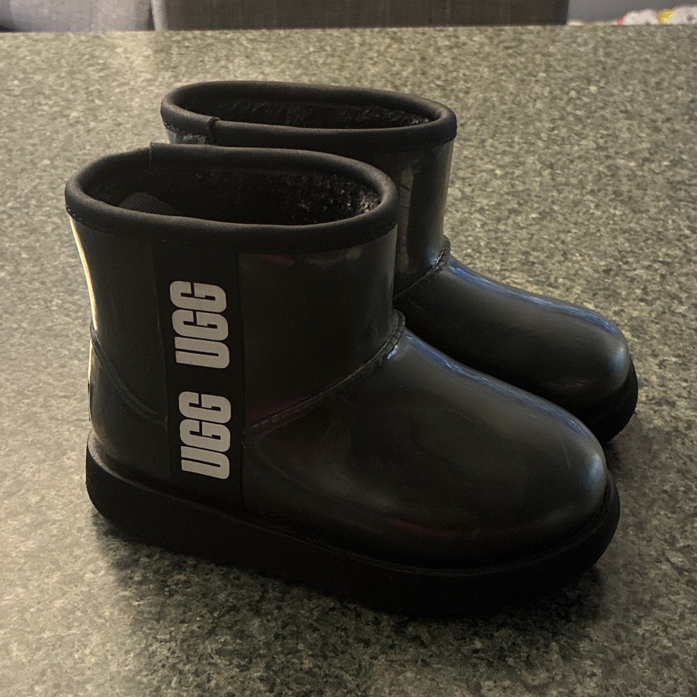 UGG child US 11 Black Pull-On Ankle Rain Boots Rubber Round Toe Logo