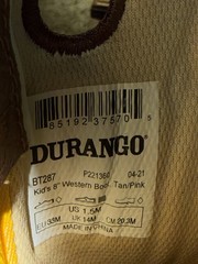 Durango Kids 8” Western Boot Size 1.5M BT287 Tan Pink