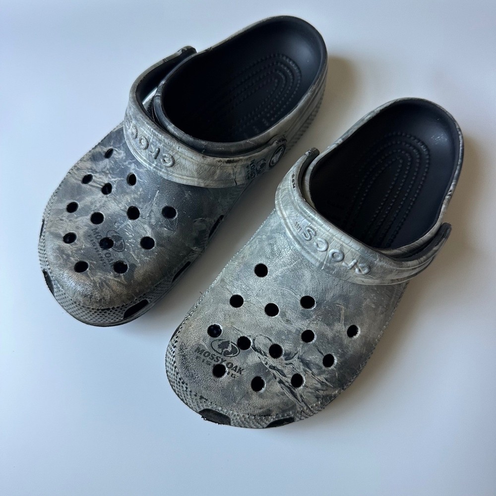 Crocs Clogs Mossy Oak Fishing Camo Grey Black Slip On M6 W8