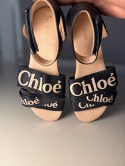 Chloé Kids Woody Navy Blue Canvas Flat Sandals with Ankle Strap Size 34