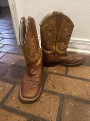 Old West Western Boots, 2.5Y, Brown, Leather Upper, Square Toe