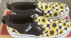 VANS Black Yellow White Unisex Kids Low Top Slip-On Sunflower Checkerboard