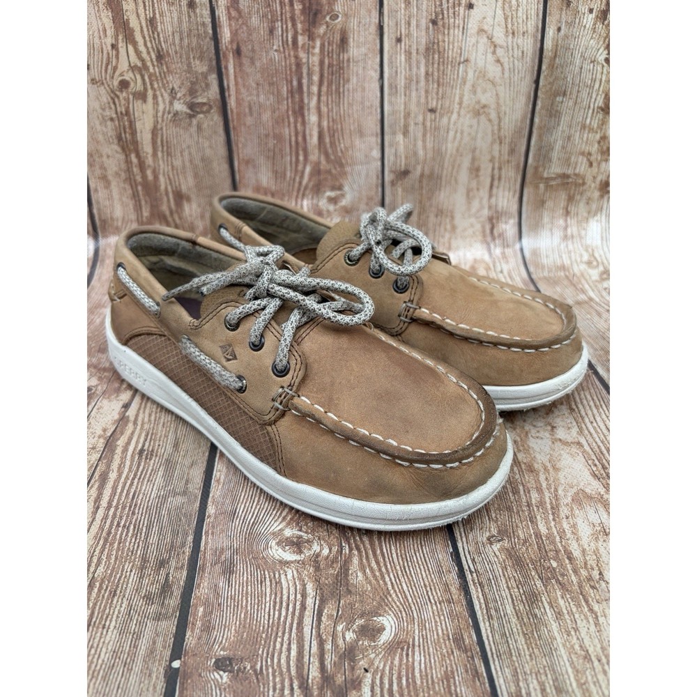 Sperry Top-Sider Boys Brown/White Leather Boat Shoes Lace-Up US 2.5 EU 34