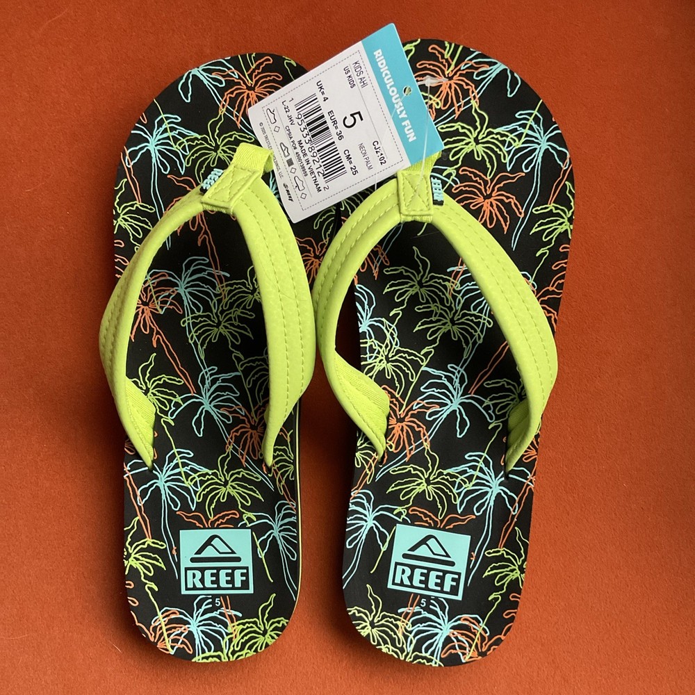 Reef Sandals Flip Flop Kids Ahi Neon Green Palm Tree print Size 5