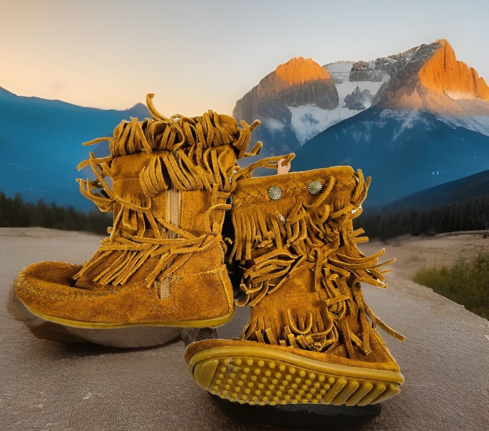 🔥 Minnetonka Small Child Size 8 Chestnut Suede Moccasin Zip Boot 3 Layer Fringe