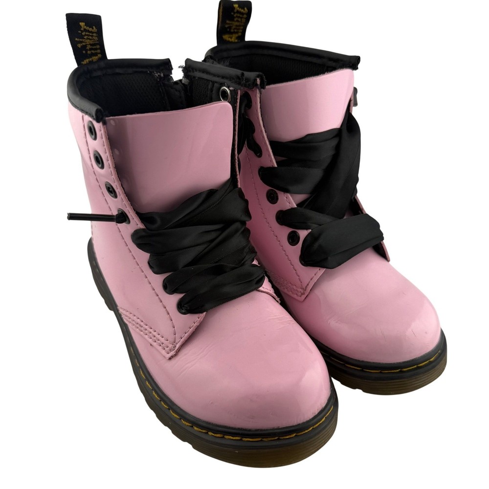 Dr. Martens Delaney Boots Kids Size 11 UK 10 US Pink Patent Ribbon Lace Zip