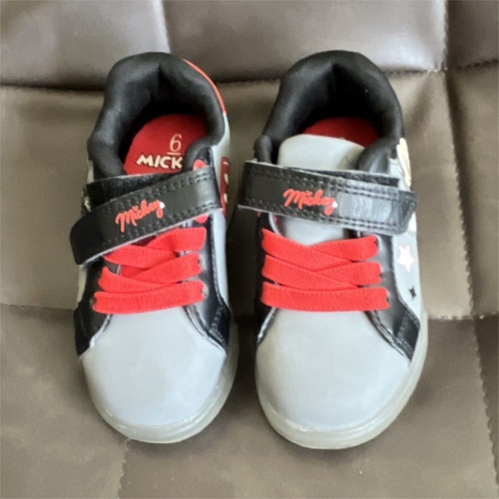 Mickey Mouse Kids Sneakers Gray Black Red Size 6 Hook & Loop Strap Logo