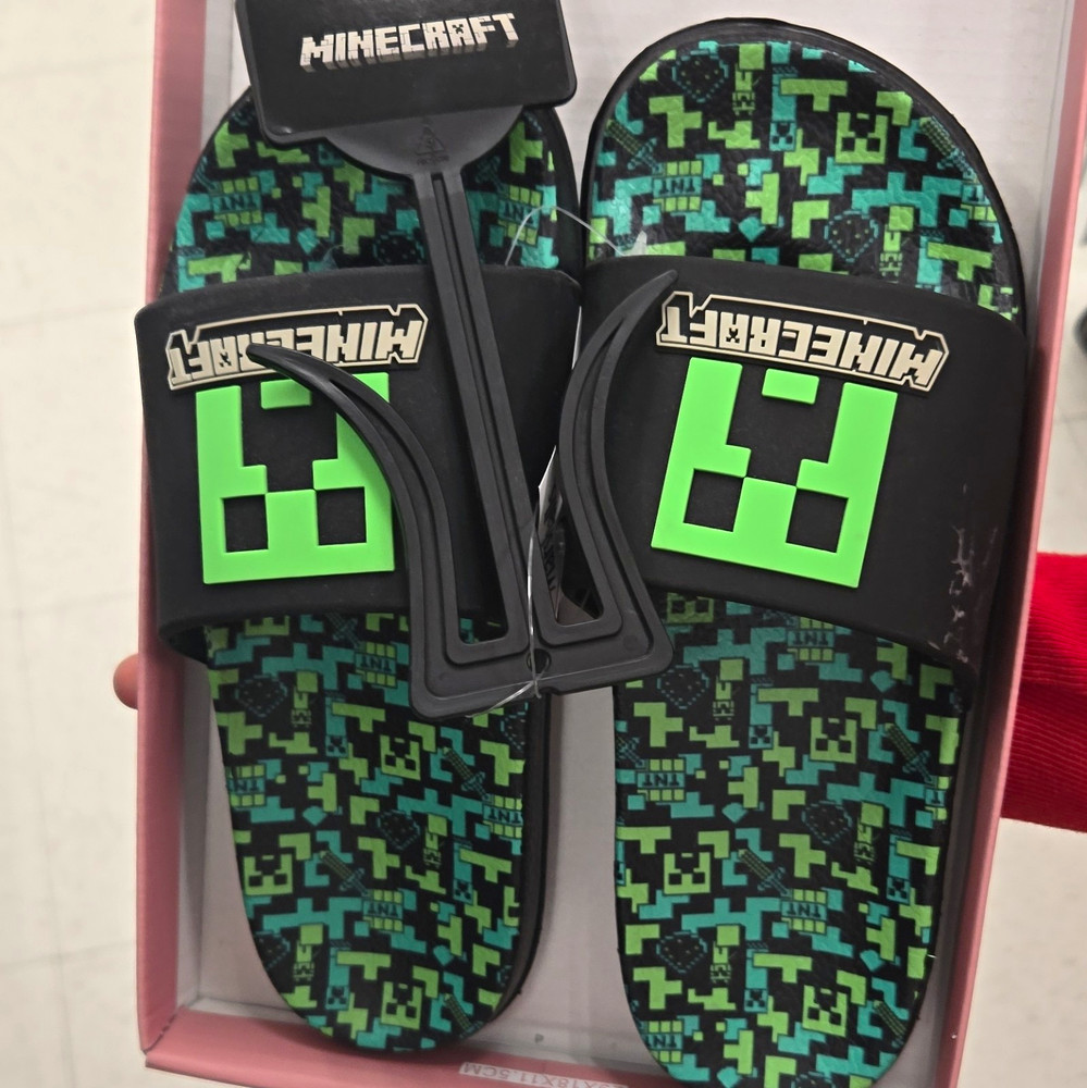 Minecraft Slide Sandals Unisex Kids US 1-2 Black/Green Slip On