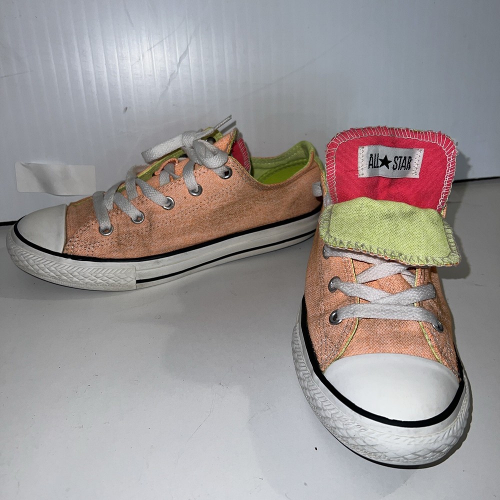 CONVERSE All Star Junior Youth Sz 3 Peach w Neon Green Pink Double Tongue