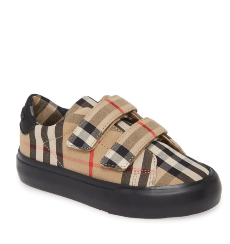 BURBERRY UNISEX MARKHAM CHECK LOW TOP SNEAKERS, BEIGE, BLACK – 3 US / 34 EU, NIB