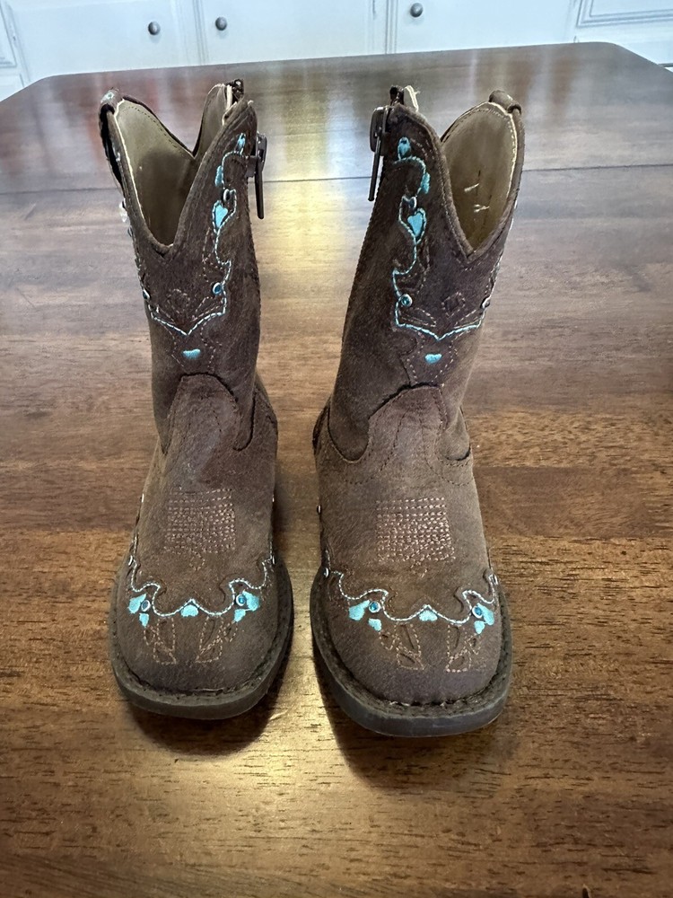 Toddler Roper Brown & Turquoise Boots Hearts & Rhinestones Size 5 NWOB SO CUTE