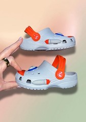 Crocs Rocket Ship Gray Orange Kids C7 Toddler Space Clogs EUC Unisex