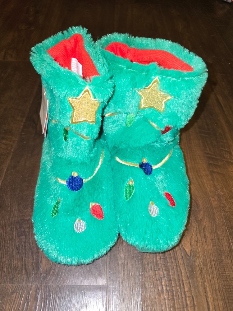 Kids Christmas Tree Bootie Slippers Cat & Jack Green Sz L 4 5 NEW Boys Girls