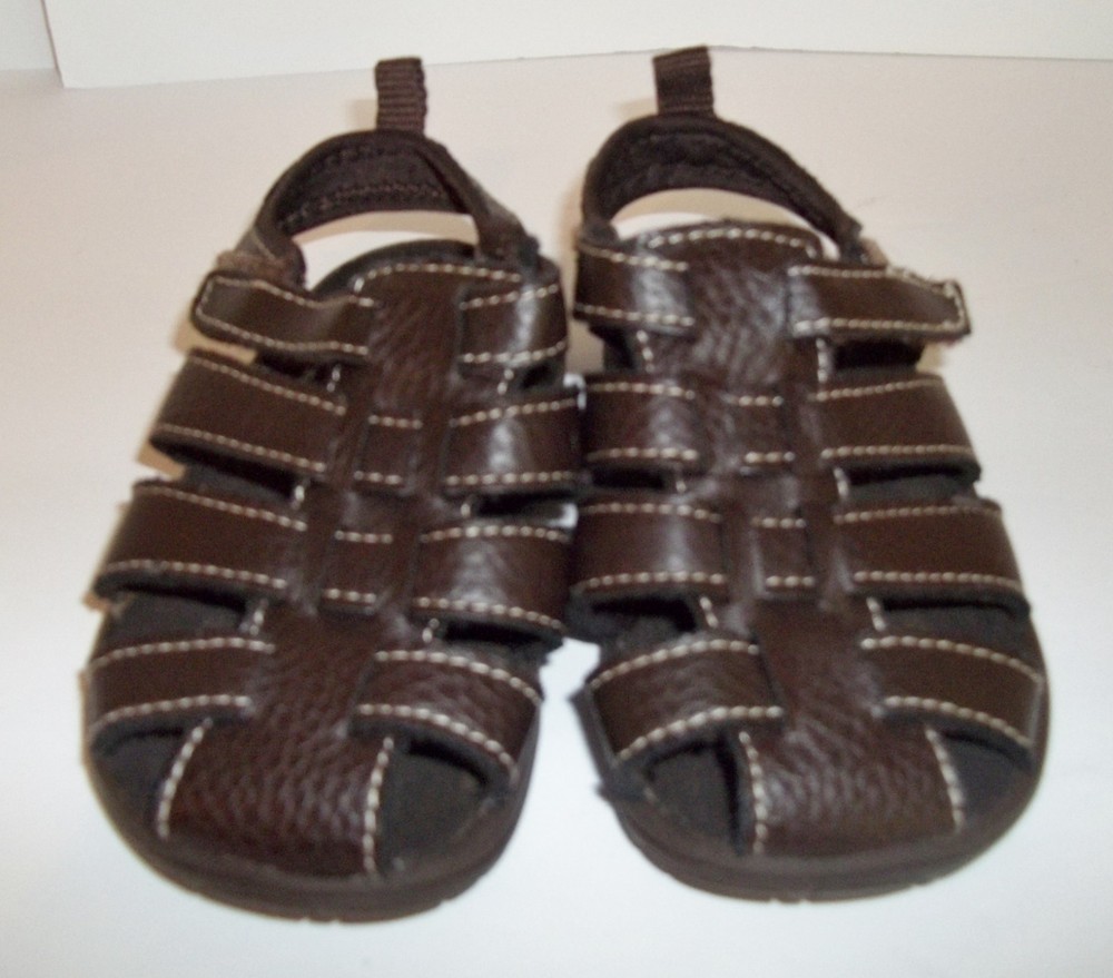 Brown Leather Sandals Hook And Loop Closure Toddler Boy Girl Unisex -size 6