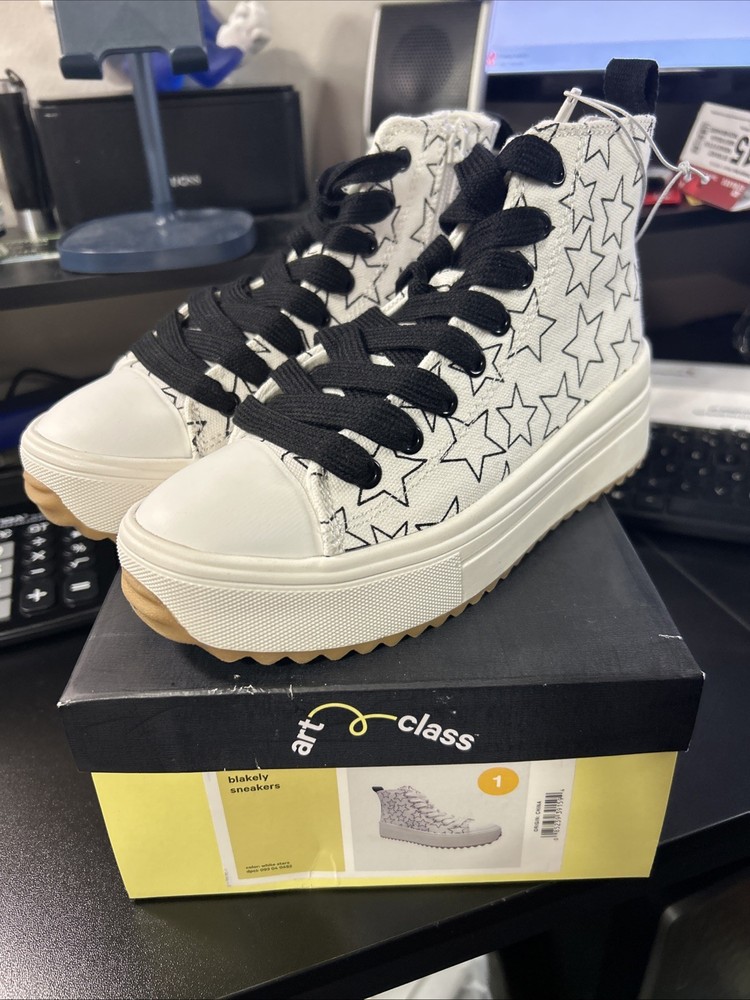 Art Class Kids Blakely High-Top Side Zip Fashion School Sneaker White Stars Sz 1