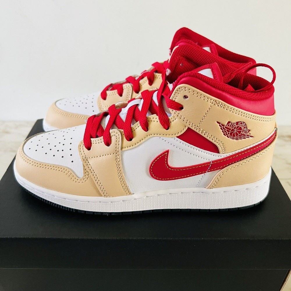 NIKE Air Jordan 1 Mid White Onyx/White/Cardinal Red/Light Curry – M 5.5 Y (7 W)