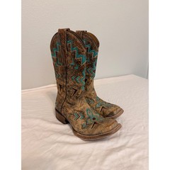 Corral Teens Brown Distressed Leather Turquoise Western Boots E1052 3 1/2 T