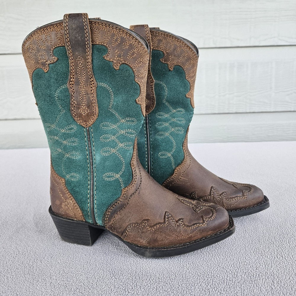 Ariat Zealous Western Pointed Toe Brown Green Leather Boot Toddler SZ 8